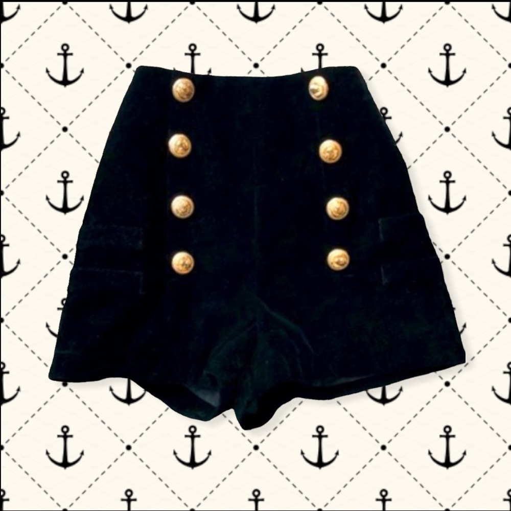 NWT YES STYLE BLACK VELVET HIGH-WAIST SAILOR SHORTS W/ GOLD BUTTONS WOMENS 2/4/S